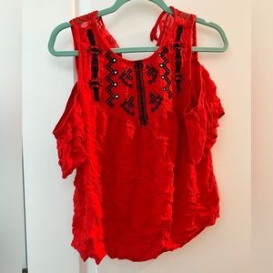 Xhilaration Red Cold Shoulder Top with Blue Embroidered Design, Size M